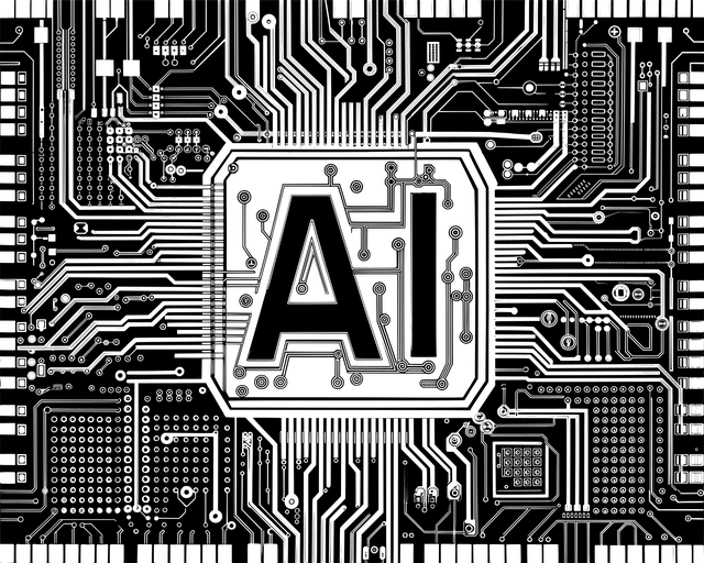 Black and white image of a computer chip with "AI" in the center.