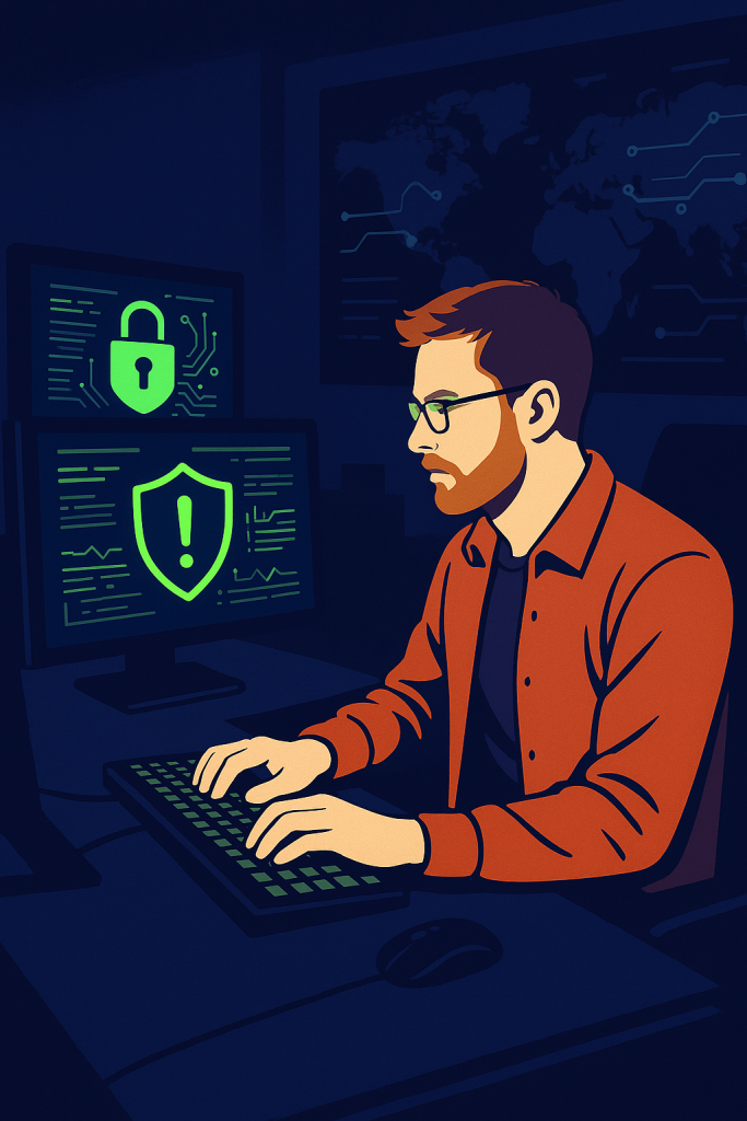 Cartoon image of a guy with glasses in front of a computer.