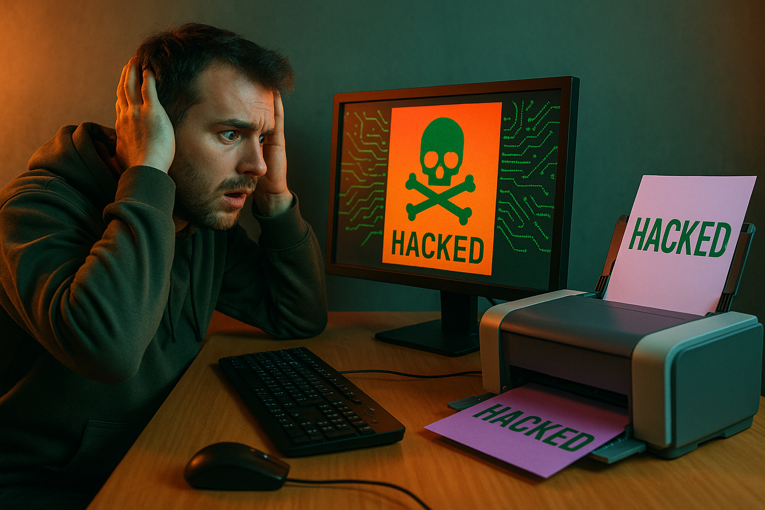 A man is sitting in front of an unpatchable printer with "hacked" being printed out, and on the computer screen.