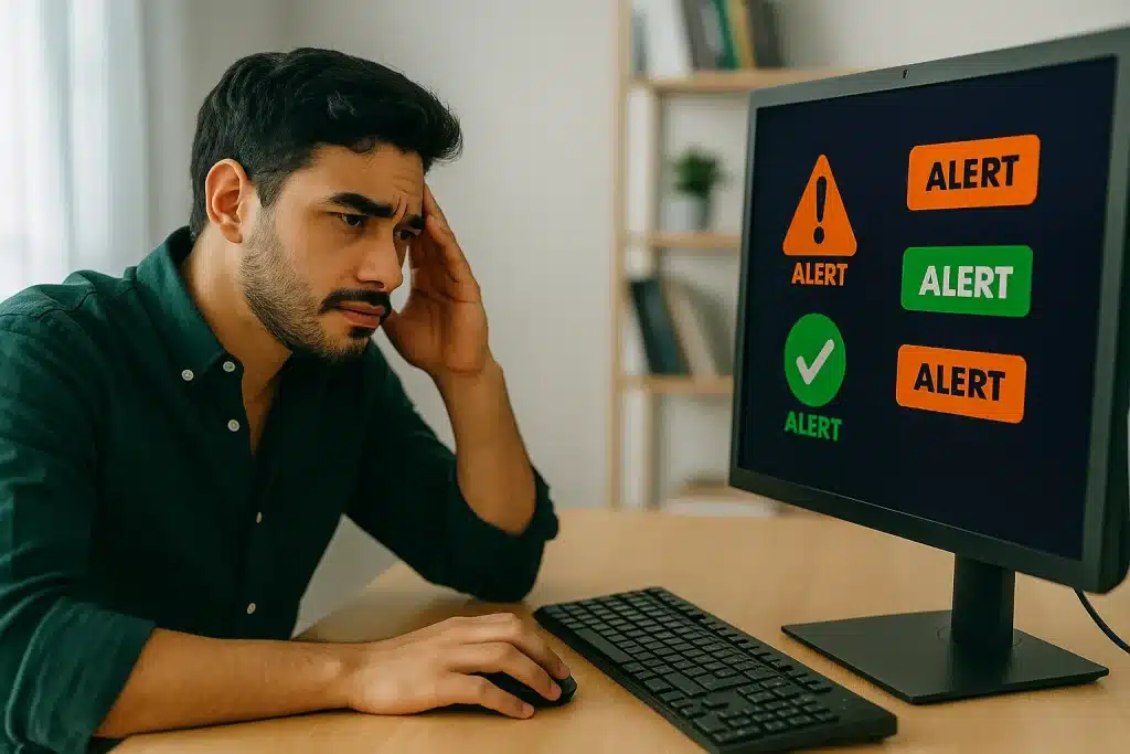 Man sitting at a computer with alerts all over the screen
