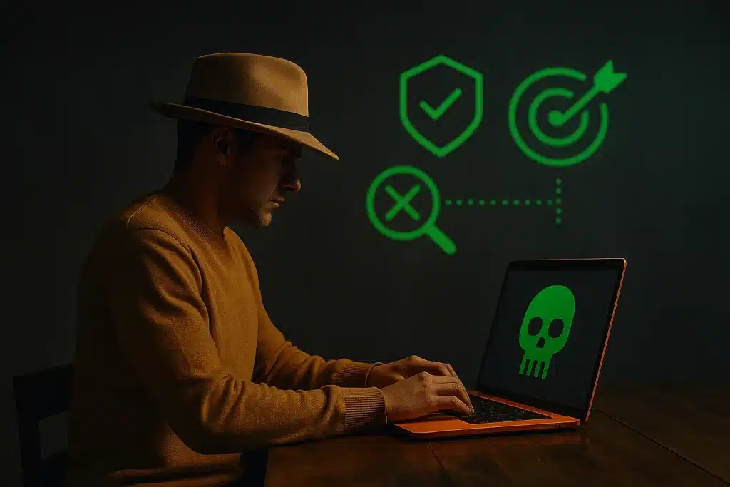 Man in a hat sitting at a laptop with cybersecurity images floating around