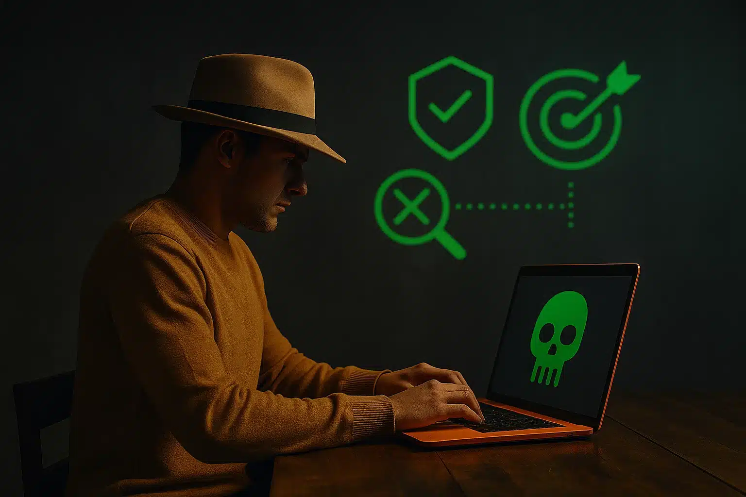 Man in a hat sitting at a laptop with cybersecurity images floating around