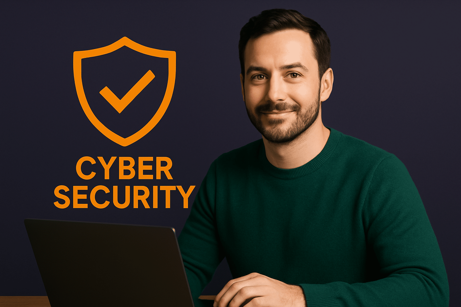 Man sitting in front of laptop with a smile on his face. A shield with a check mark and "cybersecurity" above the laptop.