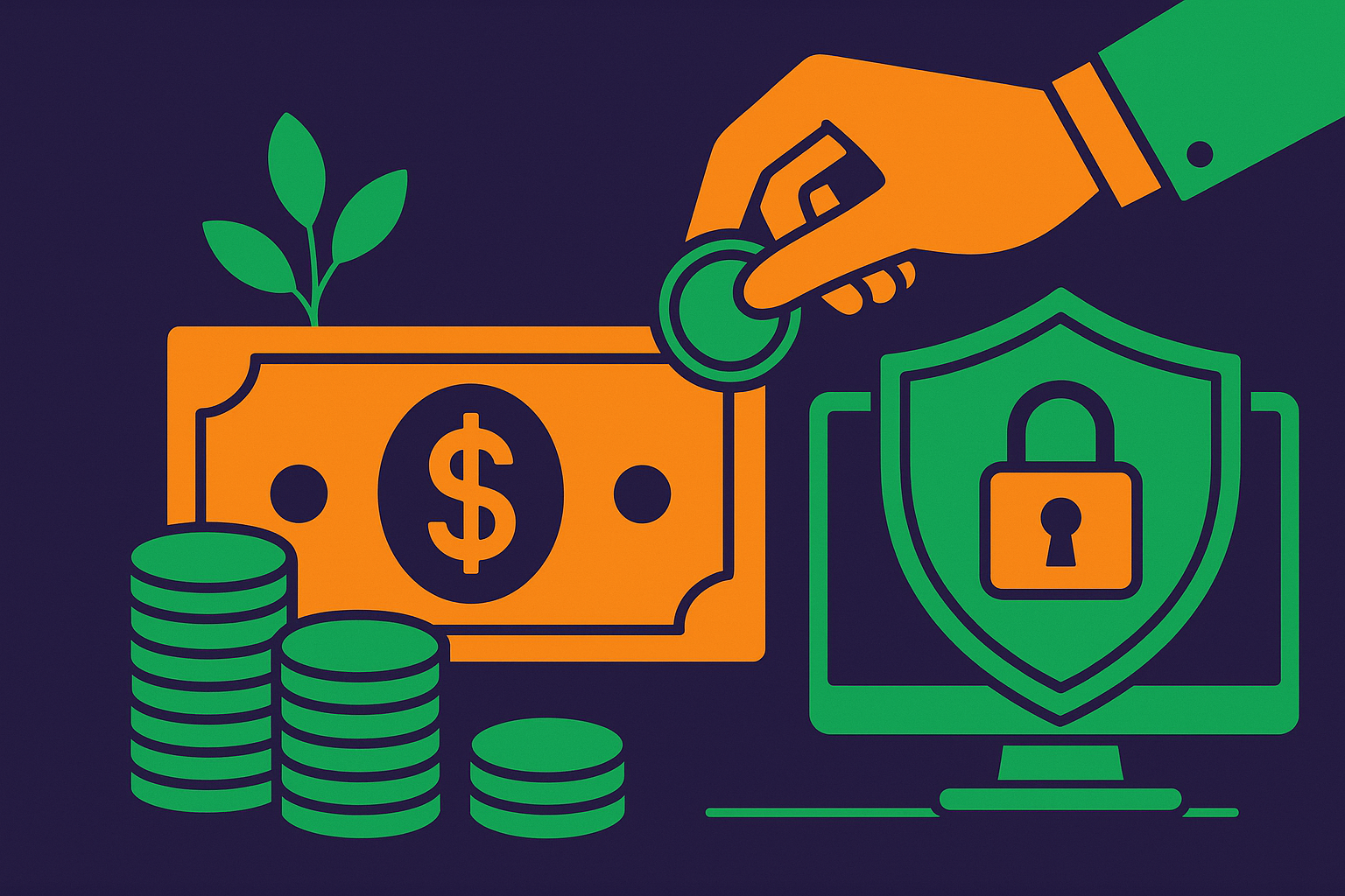 Hand holding a coin with coins and dollars sitting on the table next to a computer with a shield and lock on it.
