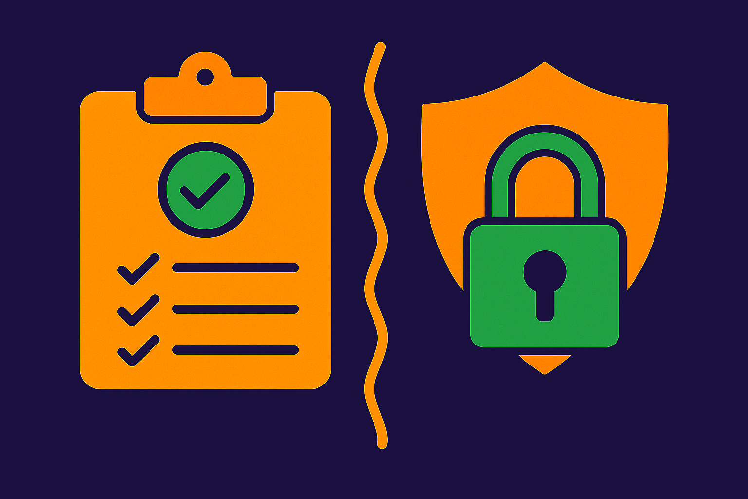 Clipboard witch check marks on the left and a shield with a padlock in front of it on the right to represent the difference between compliance and security.