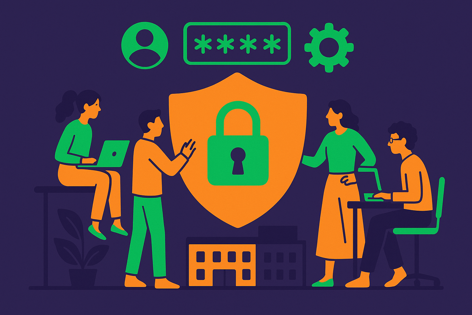 Group of people around shield with padlock in front of it, signifying a security-first culture