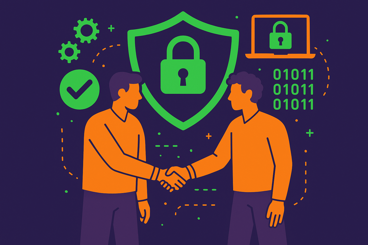 Two people shaking hands with a shield and padlock behind them.