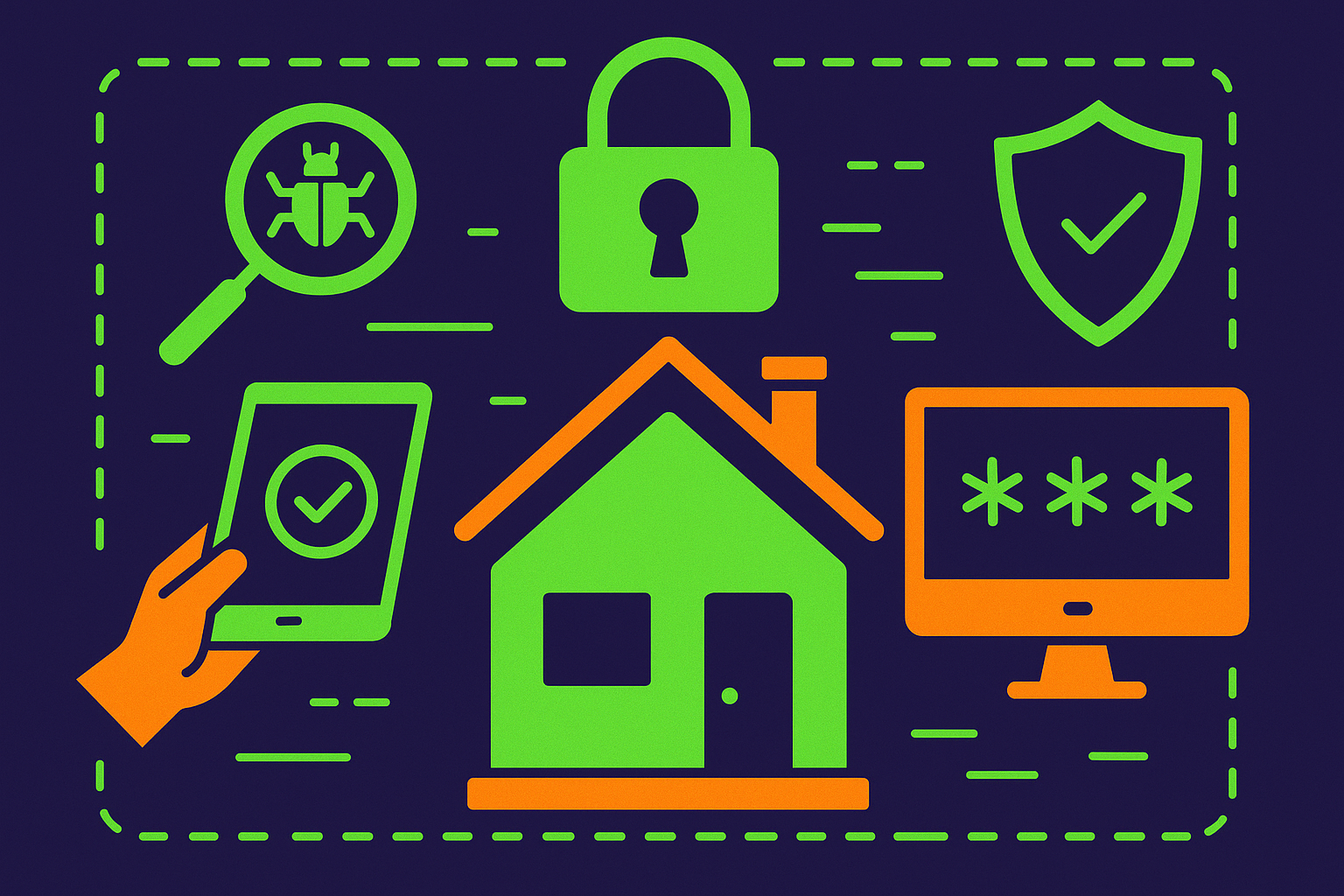 House with tech images surrounding it.