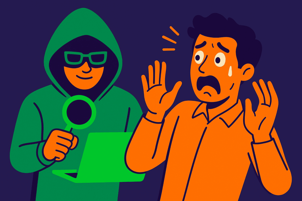 A man in a hoodie holding a laptop and a spyglass standing in front of a man who looks to be in fear.