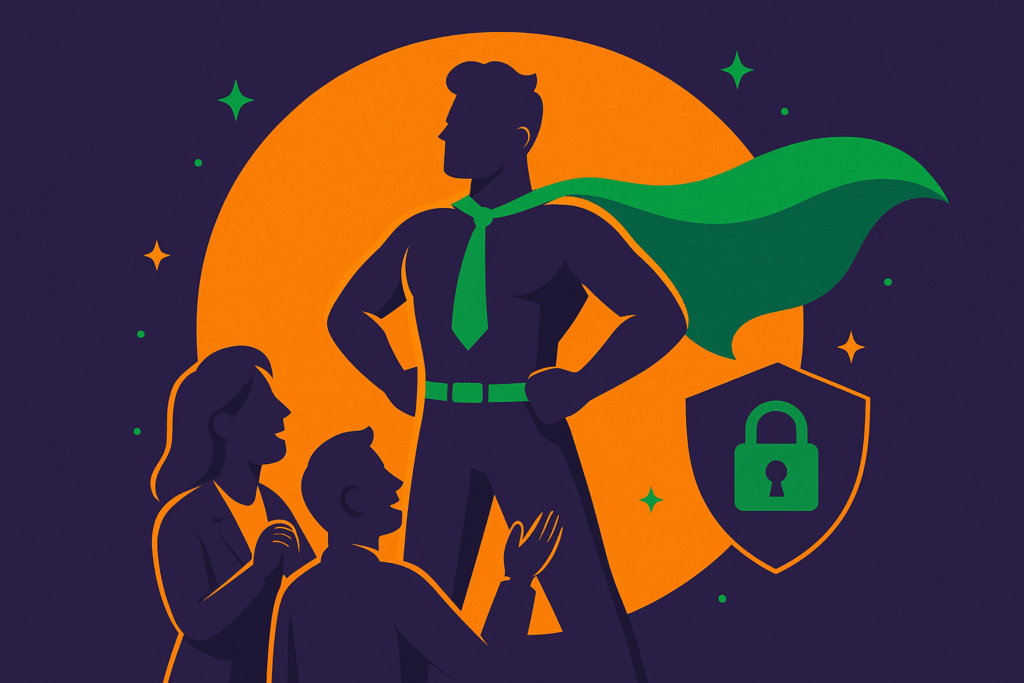 Man wearing a cape with two people below him, clapping. Shield and lock on the side. To represent the hero for protecting client data.