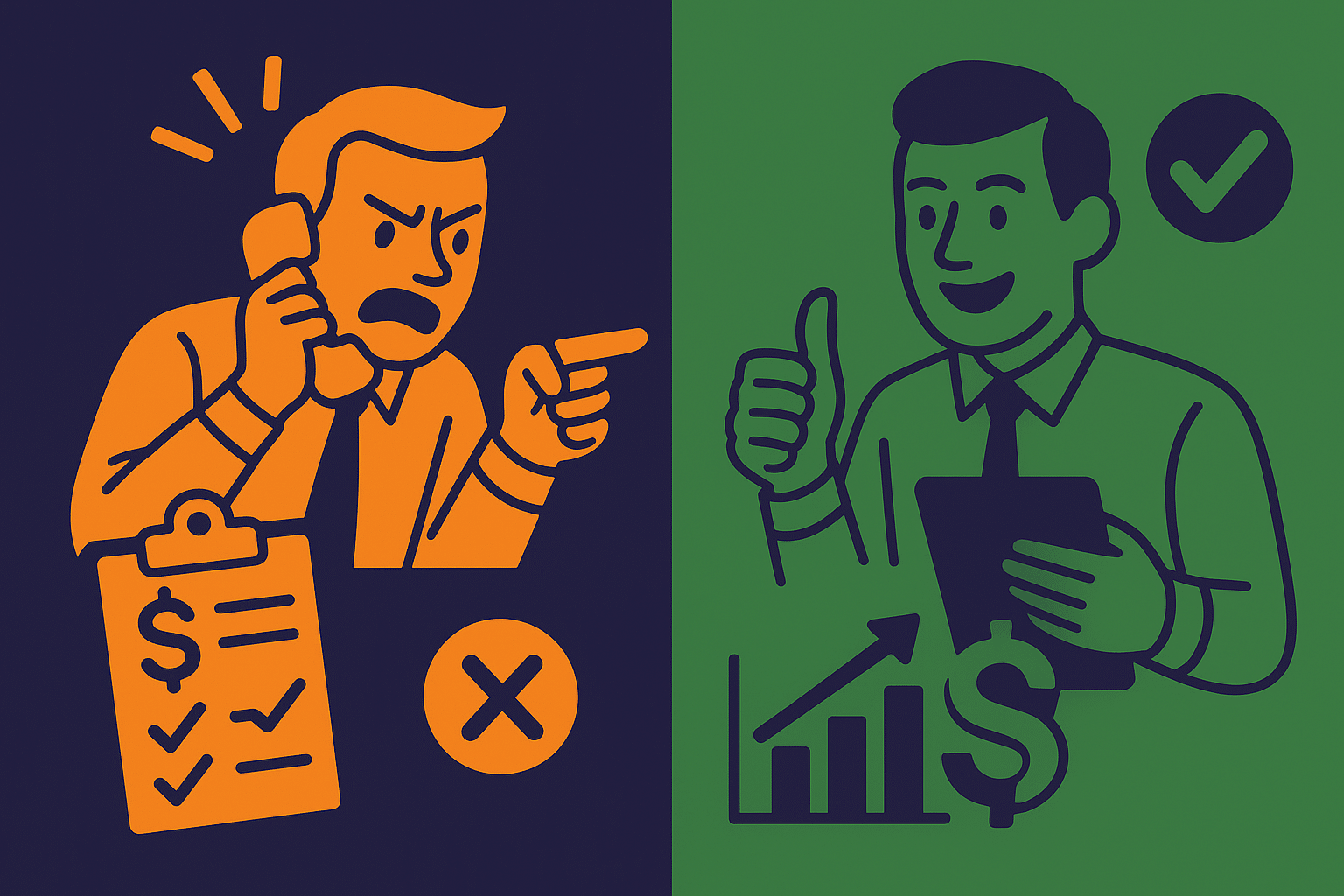 One salesman on the left with a proposal on a clipboard and an X. One salesman on the right with a dollar sign, a graph rising to the right, and a check. Both represent different cybersecurity sales tactics.